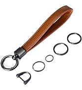 Car Key Fob Keychain Holder Genuine Leather Wristlet Loop Key Chain Circle Carabiner Clip for Men...
