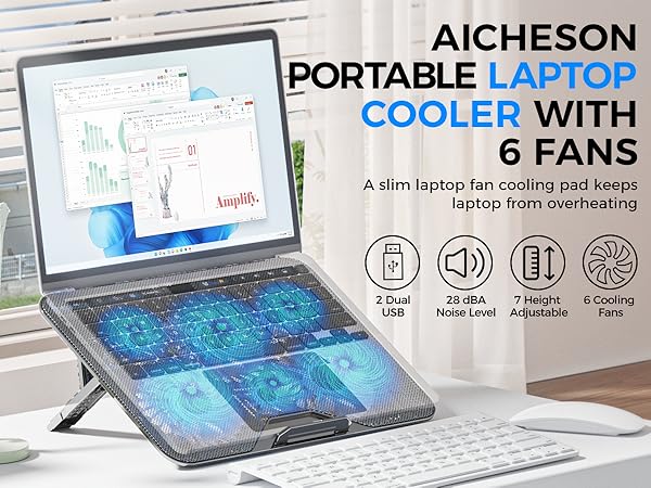 aicheson laptop cooling pad blue black 6 fans stand
