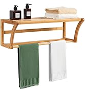 Tangkula Wall Mount Bathroom Shelf with Towel Bars, Bamboo Storage Towel Shelf, for Bath &amp; Househ...