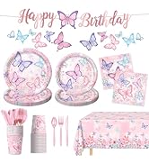 178 PCS Butterfly Birthday Party Supplies Disposable Paper Plates, Napkins, Cups, Cutlery, Tablec...