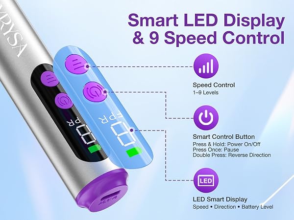 Cordless Electric Nail Drill Smart LED Display 9 Speed Control Reverse Direction Button Easy-to-use