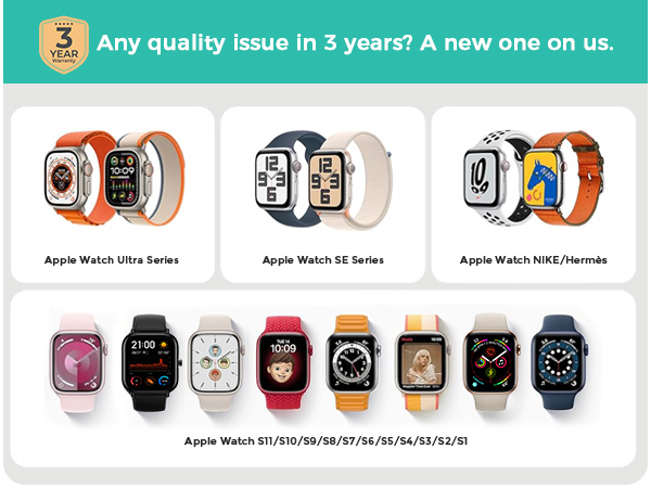 Text reads 'Any quality issue in 3 years? A new one on us.' Product showcase of various Apple Watch bands and faces, displaying multiple styles and colors.