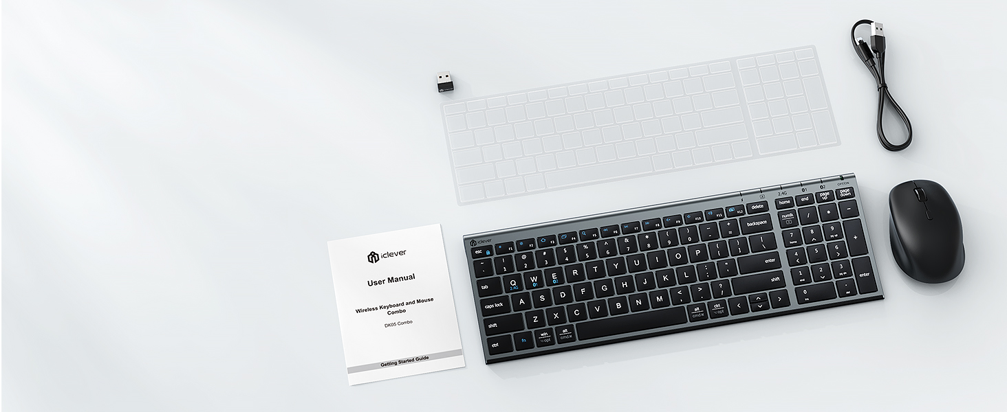 Package includes: 1* Keyboard, 1* Mouse, 1* User Manual, 1* Charging Cable.