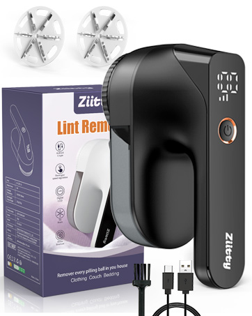 Black electric lint remover device with LED display, shown with product box and USB charging cable. Includes two replacement heads.