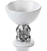 KAMMAK Ceramic Candle Holder with Silver Rabbit Figurine Base -Matte White Scalloped Bowl Pedesta...