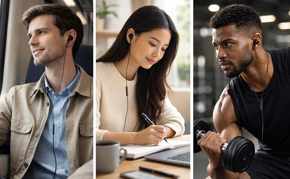 Black wired USB-C in-ear headphones used for travel, work, and fitness