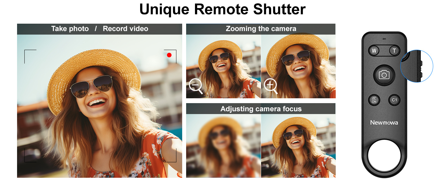 Remote shutter device for cameras with zoom and focus controls. Demonstration images show a woman taking selfies with the device.