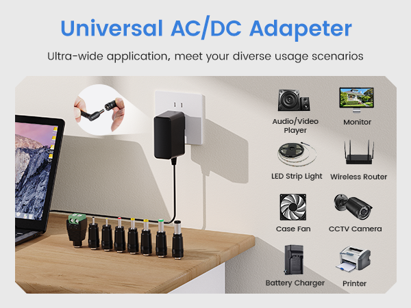 AKINGUAR 12V 2A Power Supply Adapter with 8 DC Connectors