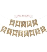 Pre-Strung Happy Birthday Banner - NO DIY - Gold Glitter Birthday Party Banner - Pre-Strung Garla...