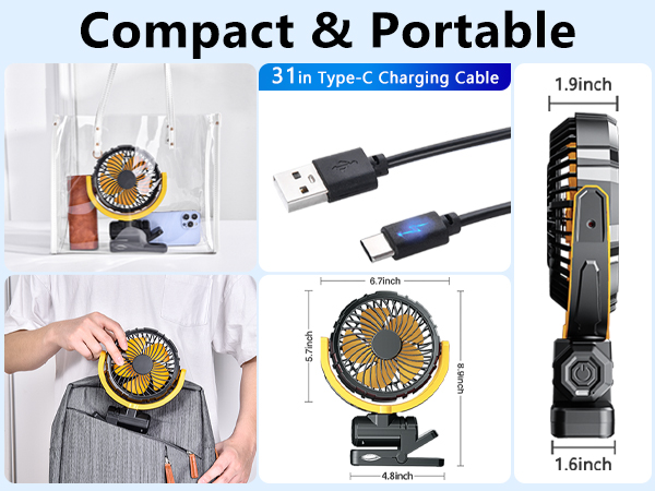 Portable Car Fan Rechargeable for SUV Van RV Pickup Truck Camping Desk Bed Stroller Baby Crib