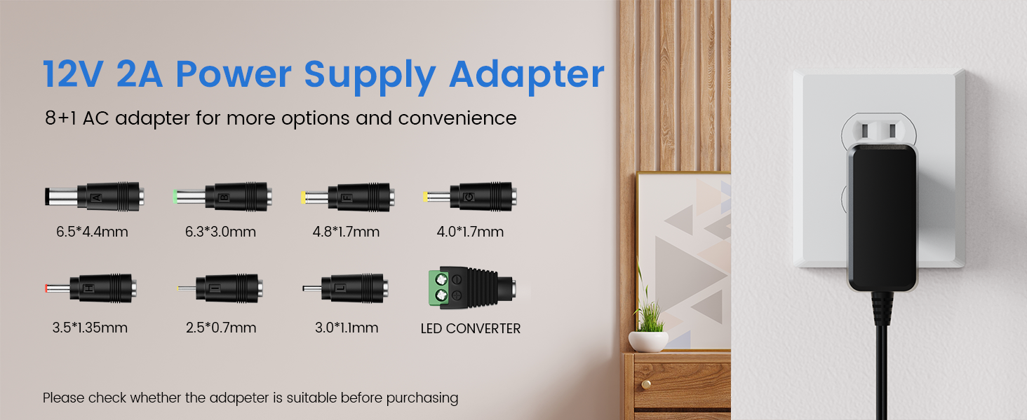 AKINGUAR 12V 2A Power Supply Adapter with 8 DC Connectors