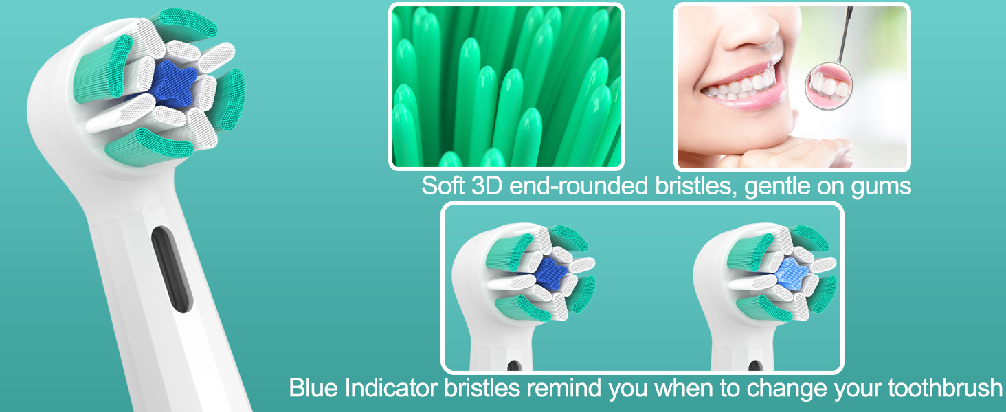 Electric toothbrush with cross-shaped brush head featuring blue indicator bristles. Inset images show soft bristles, dental cleaning, and brush head comparisons highlighting indicator bristle function.