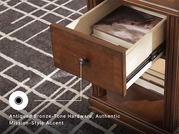 Slim bedside table with a 13-inch width fitting perfectly into a compact apartment reading nook