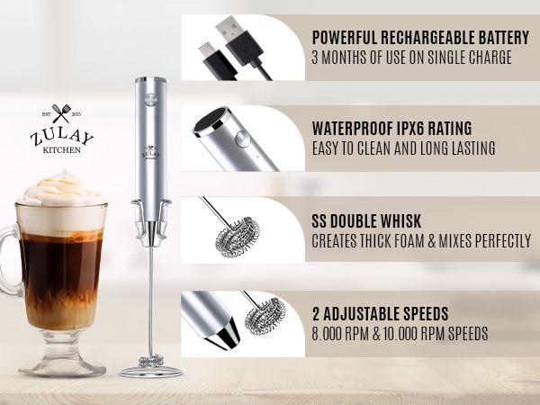 Rechargeable coffee frother with dual-speed motor and waterproof mixer wand for daily use