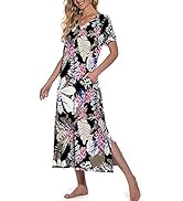 PrinStory Womens Long Nightgown Short Sleeve Nightshirt V-Neck Soft Night Gown Casual Sleepwear