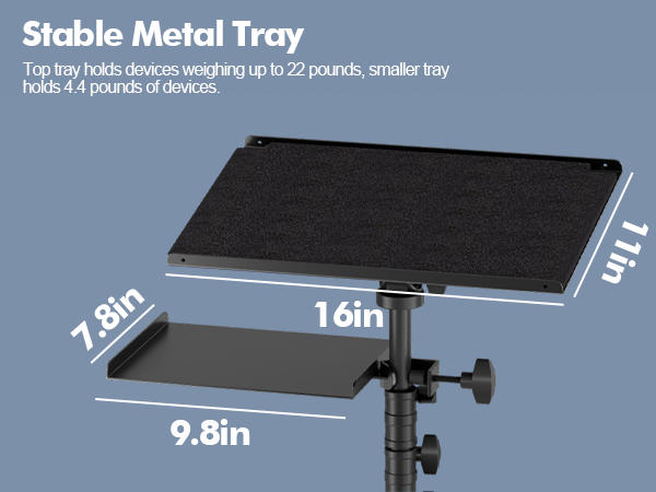 Top tray holds devices weighing up to 22 pounds, smaller tray holds 4.4 pounds of devices