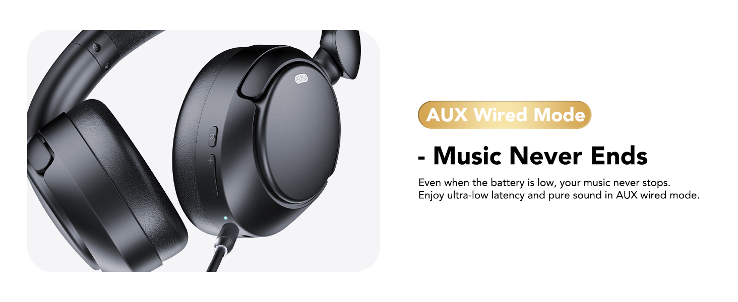 Text reads 'Music Never Ends'. Multiple views of black wireless over-ear headphones shown from different angles.