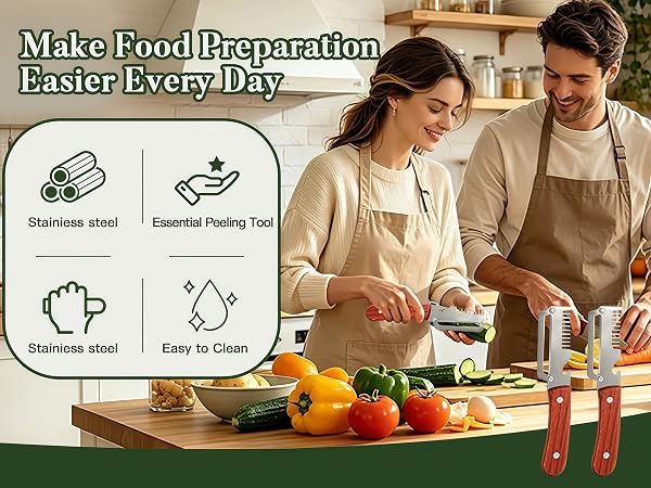 BubbiMello 3-in-1 vegetable peeler with wooden handle used for kitchen food preparation