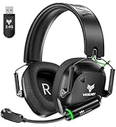 Gaming headset in black with green LED accents, featuring adjustable microphone and USB wireless adapter