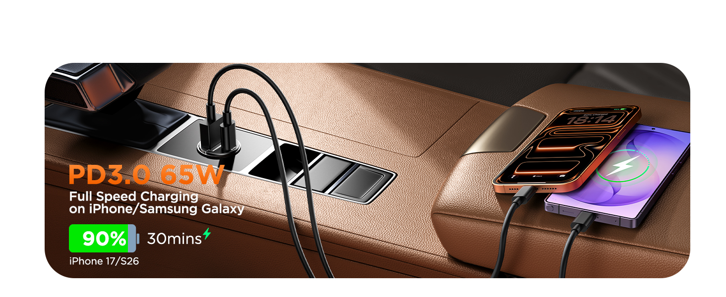 pd 65w fast charging, support iphone and samsung phone at fully charging speed, 30 mins to 90%