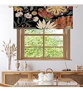 MitoVilla Black Boho Kitchen Curtains Valances, Bohemian Flower Pattern Semi Sheer Kitchen Valanc...
