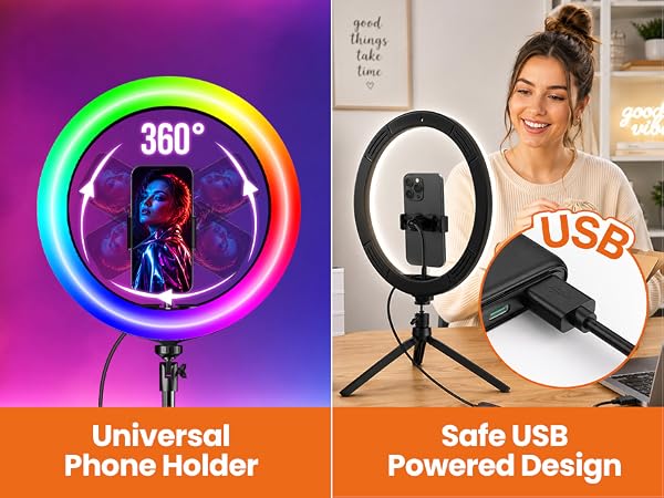 RGB ring light with rotating phone holder and USB power for tabletop streaming and video calls