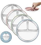 E-far Stainless Steel Toddler Plates with Suction - 9" Kids Plates, 4-Pack Divided Unbreakable &amp; ...