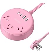 NTONPOWER Pink Power Strip, 5ft Extension Cord, 3 AC Outlets &amp; 2 USB C &amp; 2 USB A, Flat Extension ...
