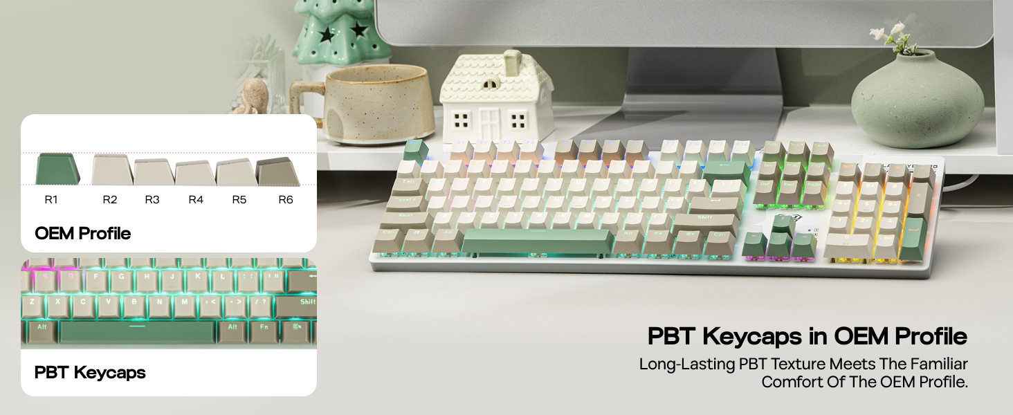 Text reads 'PBT Keycaps' and 'PBT Keycaps in OEM Profile'. Display of computer keyboard keycaps in various pastel colors and designs.