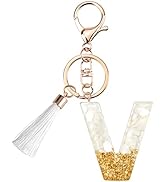 Suweibuke Cute Beige Key Chains for Women Girls, Initial Letter Keychains with White Tassel, Char...