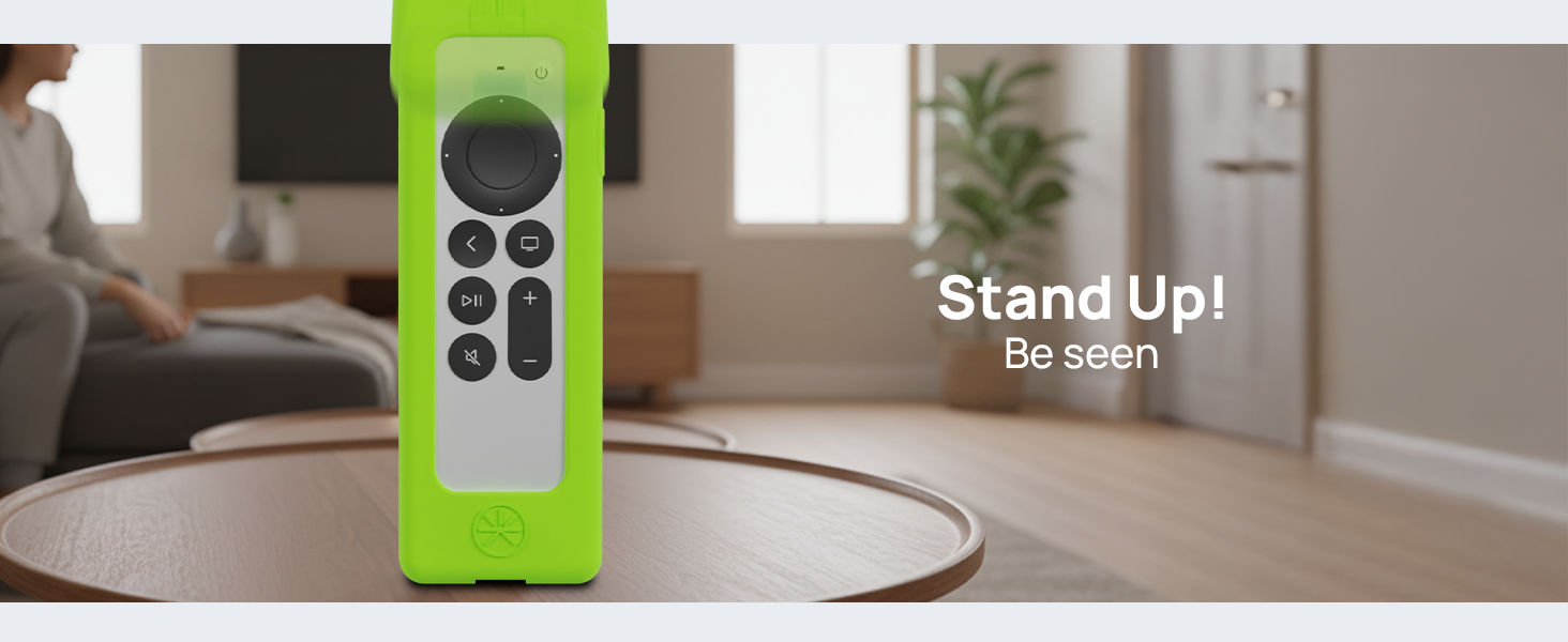Siri Remote with GripStand case standing upright on table, easy to find in living room