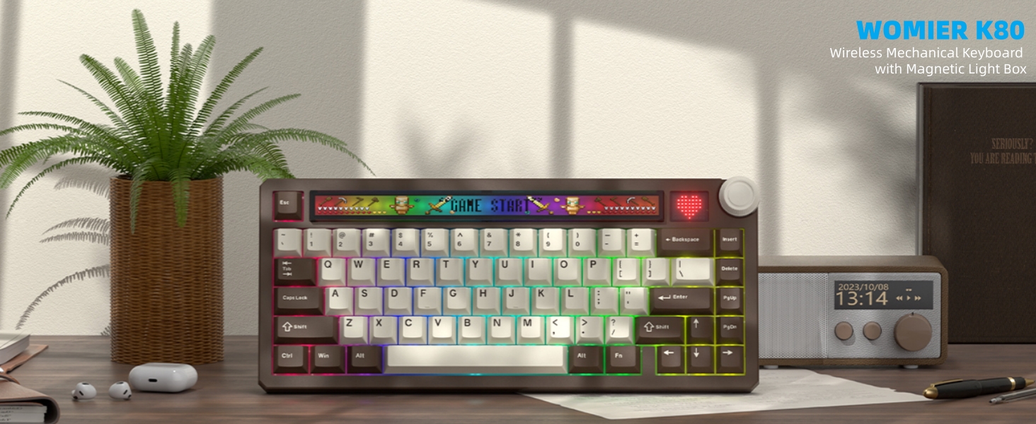 75% Mechanical Keyboard with Screen and Knob, Retro Creamy Wireless Bluetooth Gaming Keyboard