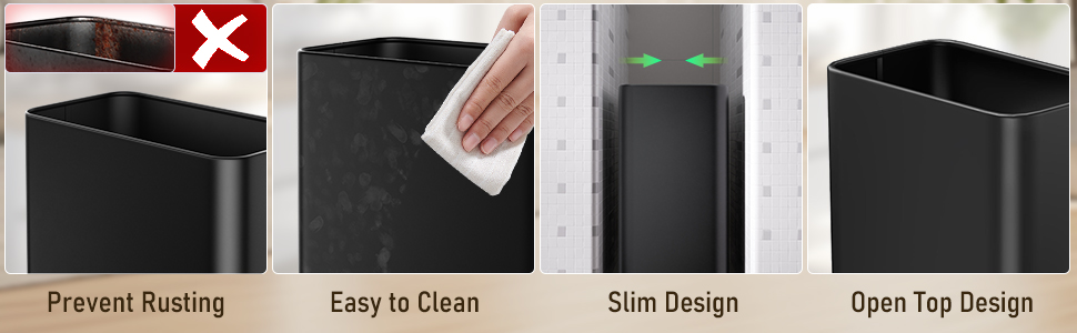 Small trash can bathroom office Prevent Rusting Easy to Clean Slim Open Top black garbage can
