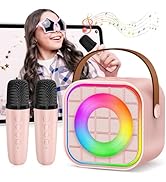 YLYYCC Mini Karaoke Machine with 2 Wireless Microphone, Portable Pink Bluetooth Speaker for Kids ...