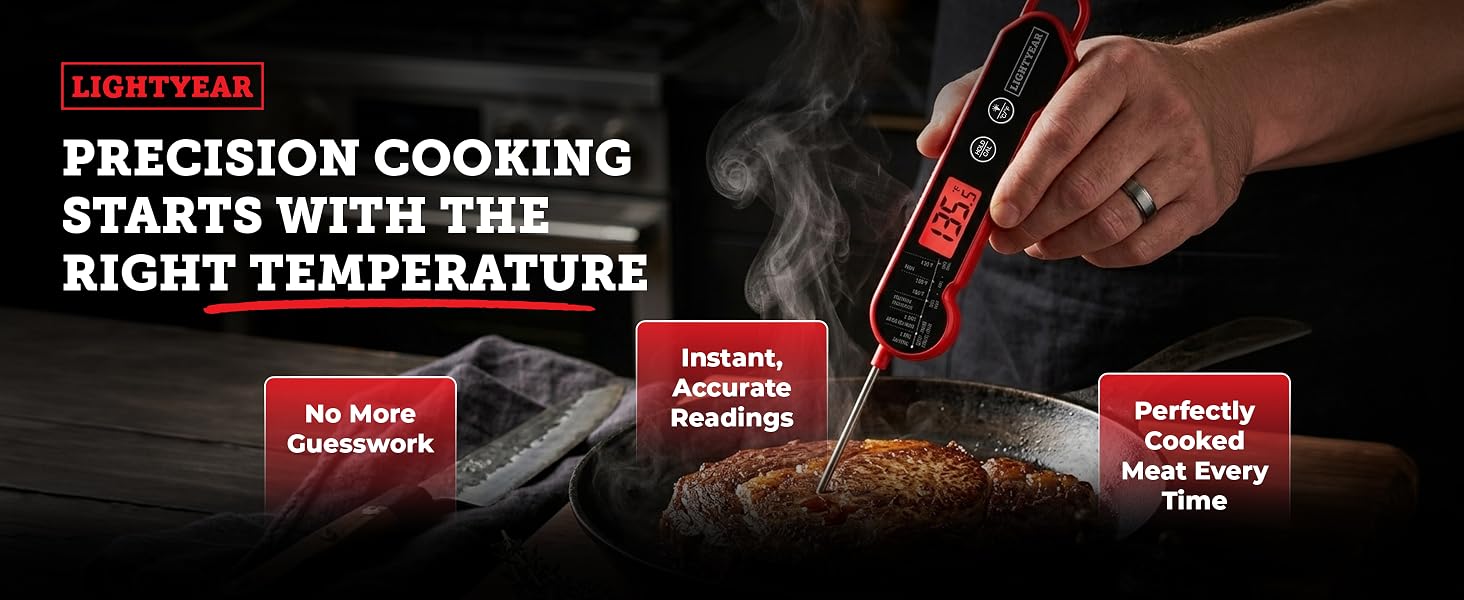 Instant read meat thermometer displayed on a kitchen surface with stainless steel probe visible