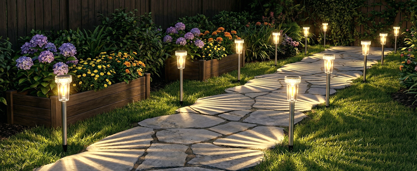Decorative Solar Pathway Lights for garden and Walkway with warm white outdoor lighting