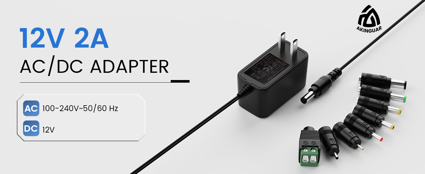 AKINGUAR 12V 2A Power Supply Adapter with 8 DC Connectors