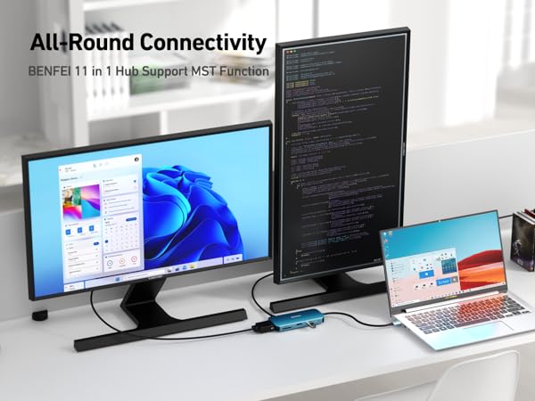 Multi-monitor setup with laptop, vertical monitor, and ultrawide display. Text mentions 'All-Round Connectivity' and '11 in 1 Hub Support MST Function', indicating advanced connectivity features.