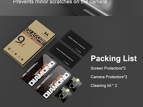 Box includes 2 screen protectors, 2 camera protectors, 2 packs of cleaning kit