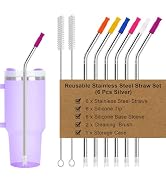 Newly Upgraded 10.5In Bent Metal Straws Reusable Set 6 PCS with 12 Silicone Accessories, 2 Straw ...