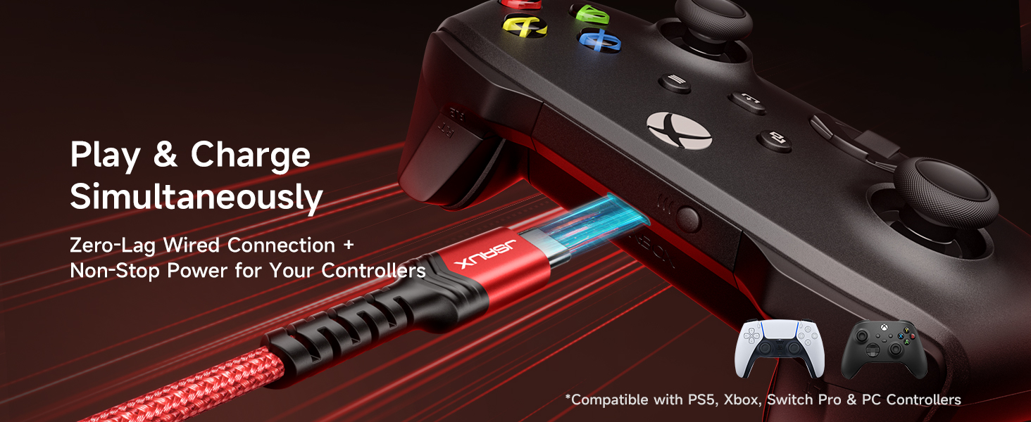 JSAUX USB C Cable: Zero-lag play and charge for PS5, Xbox, Switch Pro, and PC controllers.