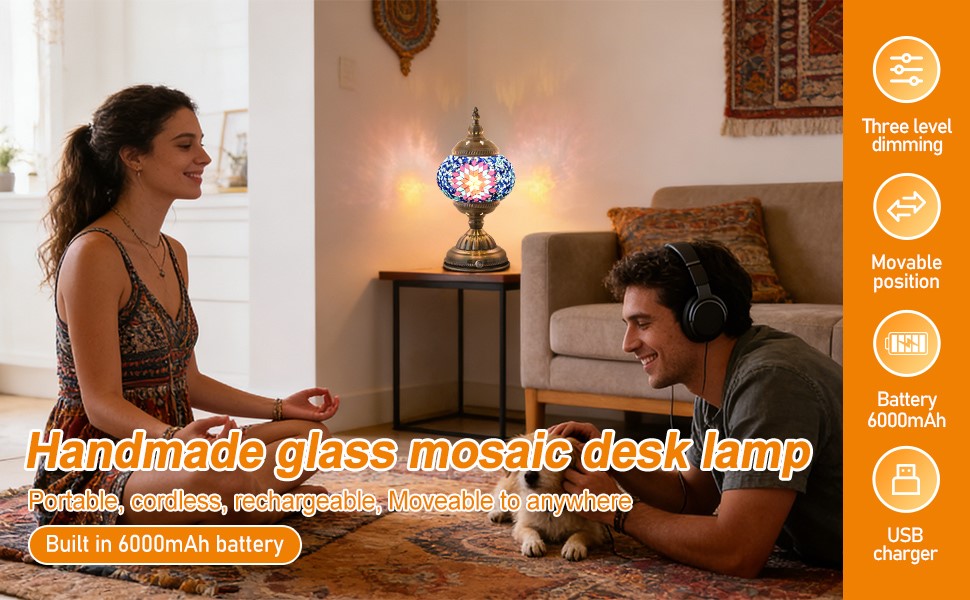 Caelumslvd Portable Turkish Bronze Base Table Lamp with 6000mAh Battery