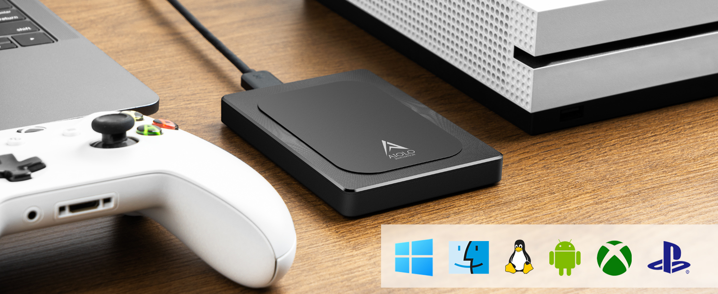 External hard drive connected to a gaming console, with icons representing compatibility with various operating systems and gaming platforms.