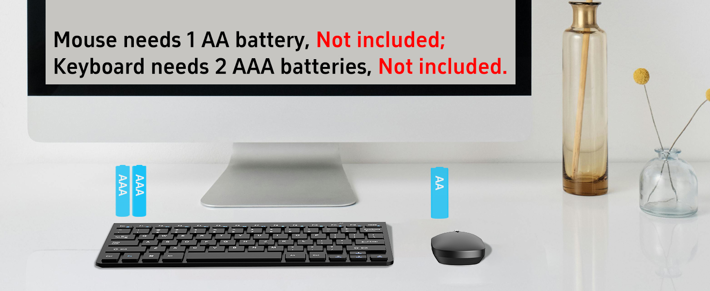 The keyboard uses two AAA batteries, and the mouse uses one AA battery