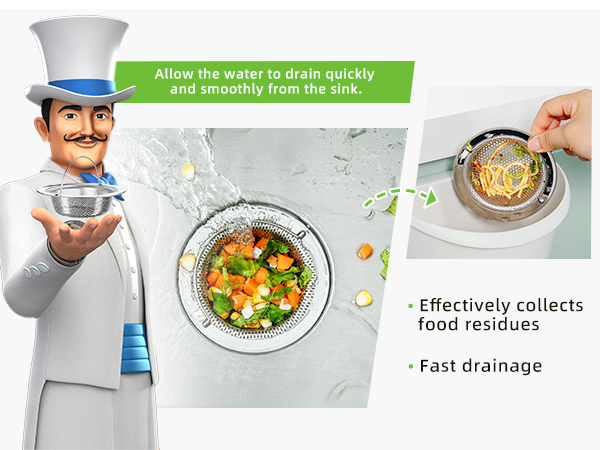 Text reads 'Effectively collects' and 'Fast drainage'. Demonstration sequence showing kitchen sink strainer in use, collecting food debris while draining water.