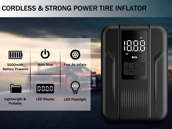 Tire Inflator Portable Air Compressor Portable Pump for Car Tires Inflator 150 PSI &amp; 5000mAh Battery