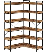 Rolanstar Bookshelf 6 Tier with 4 Hooks, Reversible Corner Bookshelf, 69" Industrial Wooden Bookc...