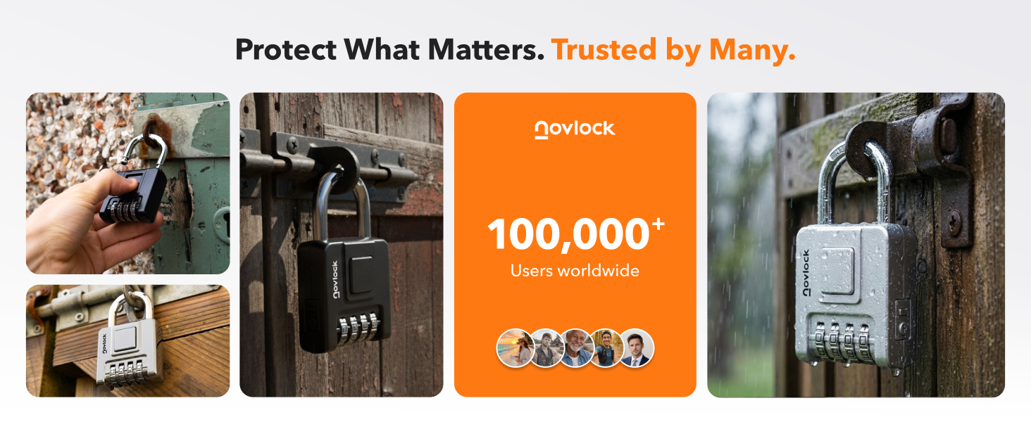 Text reads 'Protect What Matters. Trusted by Many.' and '100,000+'. Collage of images showing various padlocks and security devices being used on doors and gates.