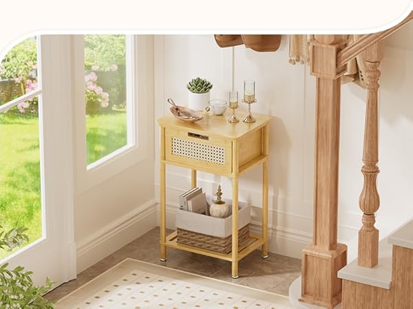 Boho Side Table with Drawer Open Shelf