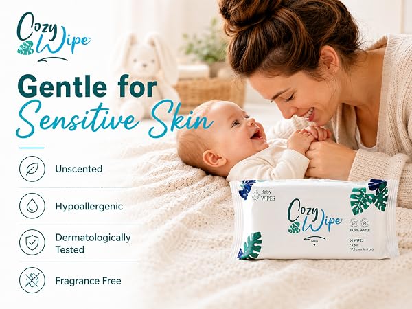 Cozy Wipe baby wipes for sensitive-skin routines, unscented and dermatologically tested.